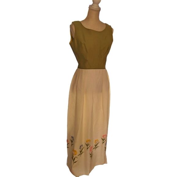 60s Vintage union made green and white dress with embroidered flowers MCM - Picture 4 of 11